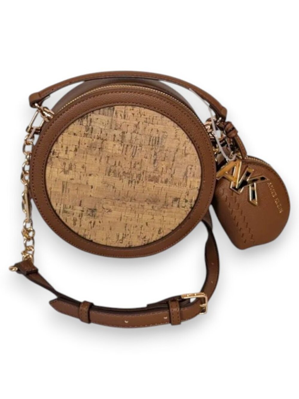 Anne Klein Brown And Gold Cork Circle Round Crossbody Bag